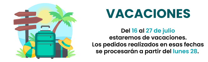 Vacaciones 2025. Estaremos fuera del 16/7 al 27/7. Los pedidos en esas fechas se procesarán a partir del lunes 28.